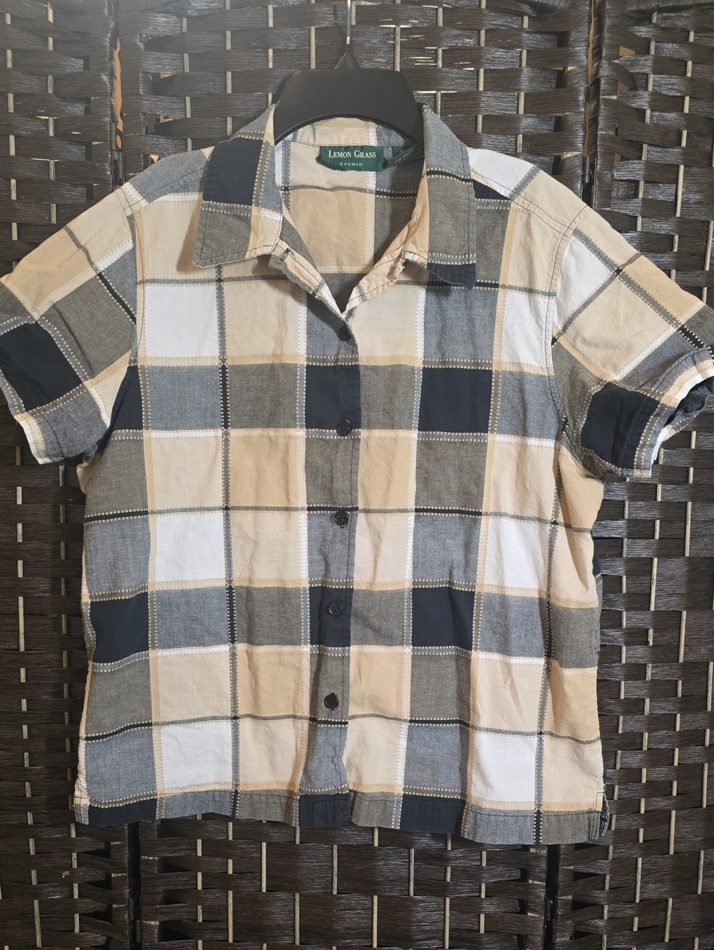 Lemon Grass Studio Neutral Plaid Collared Short Sleeve Blouse